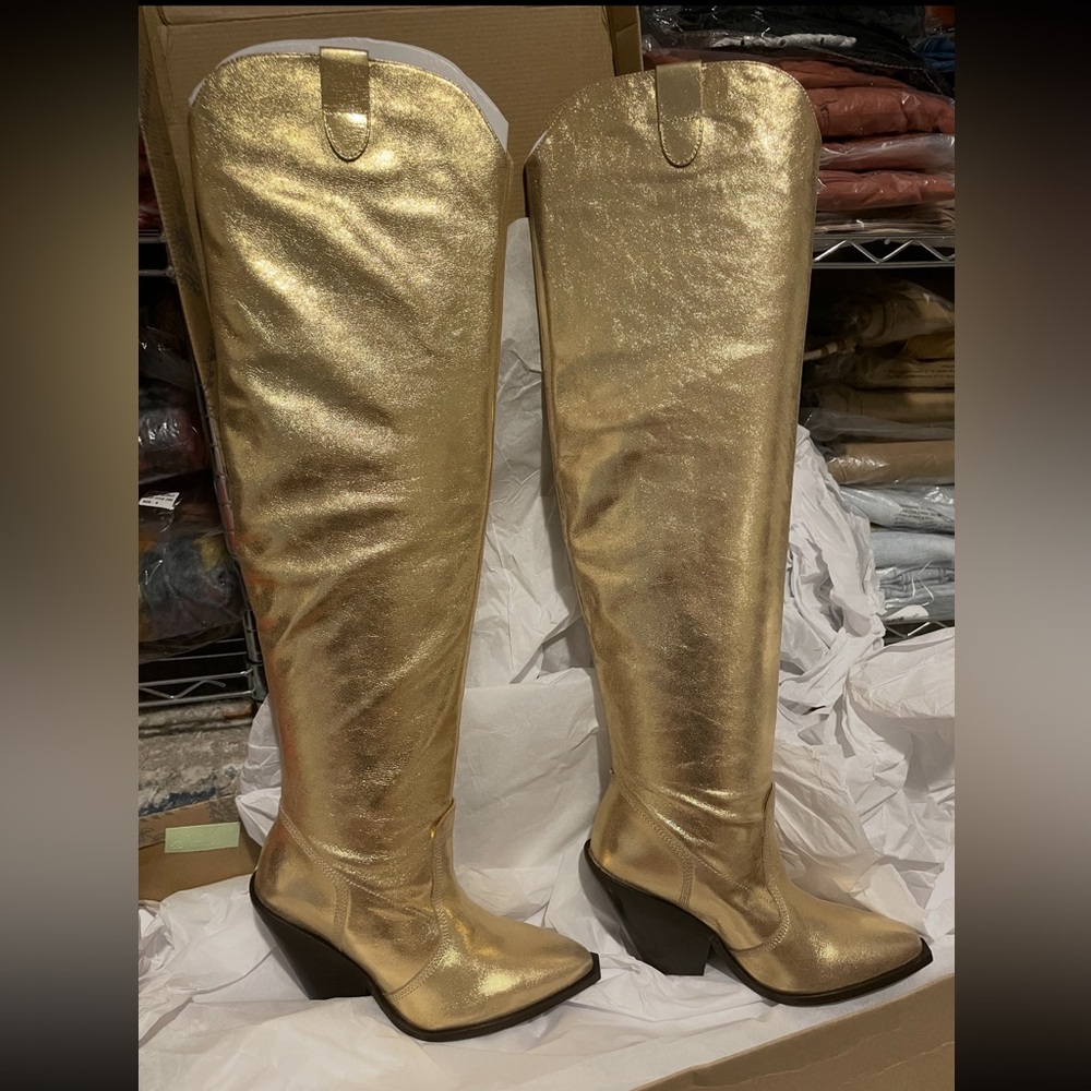 New in Box FREE PEOPLE Triple Crown Over-The-Knee Gold Boots - Picture 8 of 10